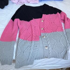 SHEIN Black Pink Gray Colorblock Cable Knit Cardigan